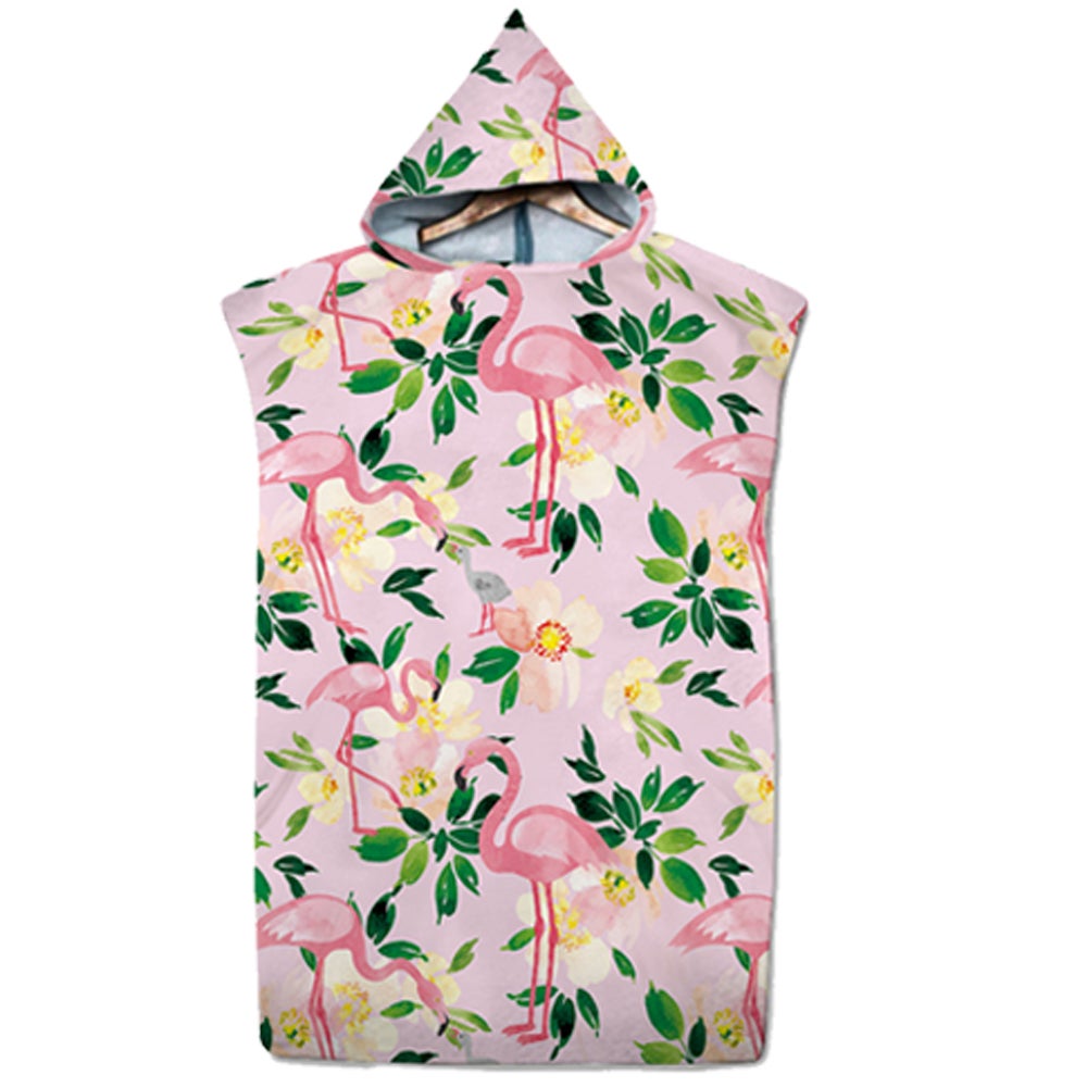 Flamingo Pattern Beach Changing Robe Hooded Quick Dry Poncho Bathrobe Surf Swim