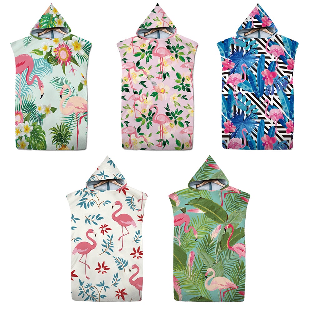 Flamingo Pattern Beach Changing Robe Hooded Quick Dry Poncho Bathrobe Surf Swim