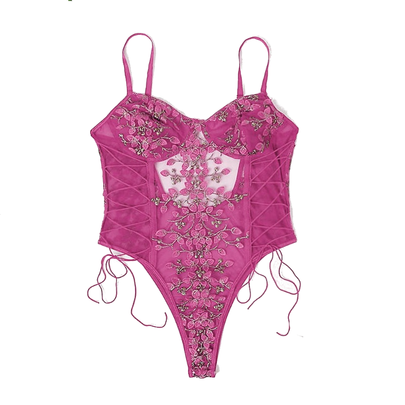 Floral Embroidery Mesh Lace Up Sexy Bodysuit Lingerie Women