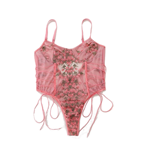 Floral Embroidery Mesh Lace Up Sexy Bodysuit Lingerie Women