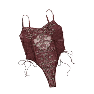 Floral Embroidery Mesh Lace Up Sexy Bodysuit Lingerie Women