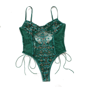 Floral Embroidery Mesh Lace Up Sexy Bodysuit Lingerie Women