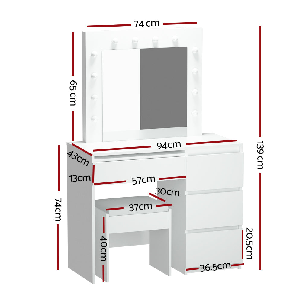 Artiss Dressing Table Led Makeup Mirror Stool Set 12 Bulbs Vanity Desk White