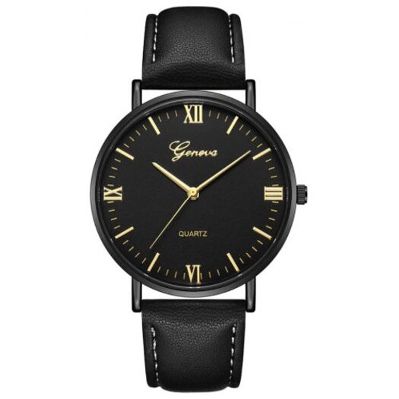 Fashion Casual Simple Large Dial Leather Cool Quartz Wrist Watch Black