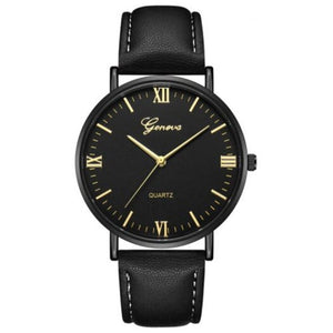 Fashion Casual Simple Large Dial Leather Cool Quartz Wrist Watch Black