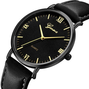 Fashion Casual Simple Large Dial Leather Cool Quartz Wrist Watch Black