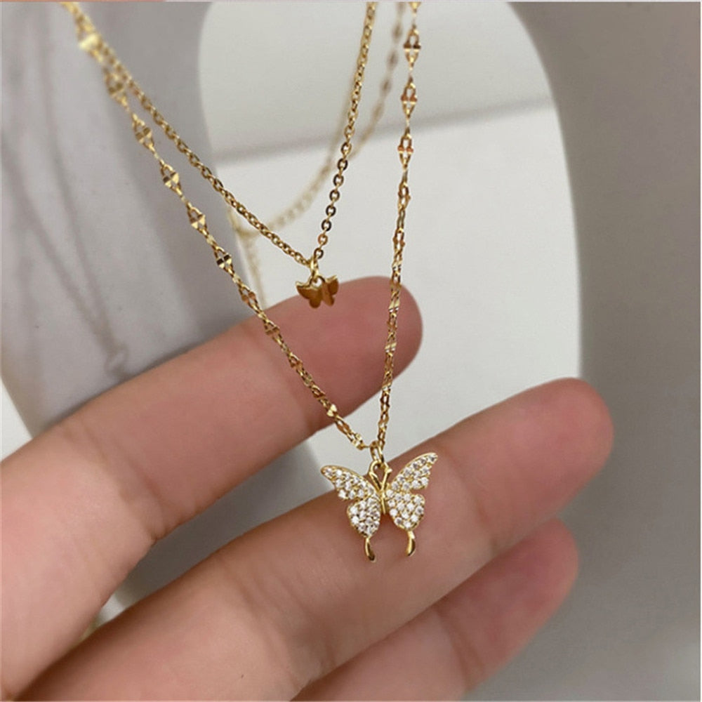 Korean Fashion Silver Shiny Women Butterfly Double Layer Chain Necklace