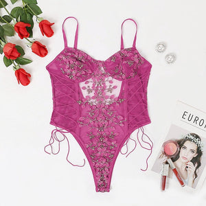 Floral Embroidery Mesh Lace Up Sexy Bodysuit Lingerie Women