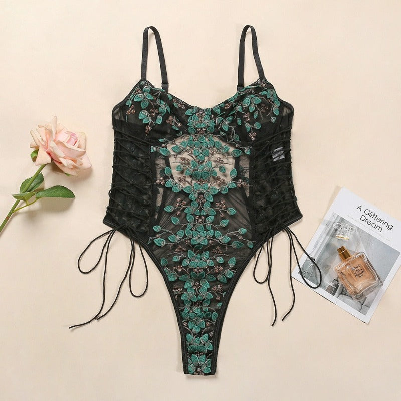 Floral Embroidery Mesh Lace Up Sexy Bodysuit Lingerie Women