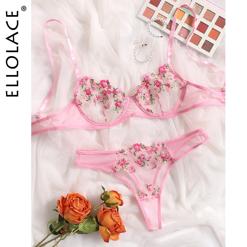 Sexy Sheer Delicate Floral Embroidery Transparent Lingerie Bra Panties Set