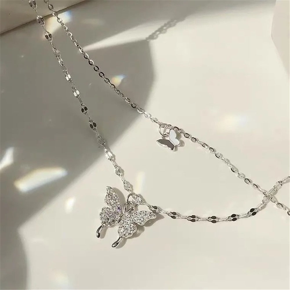 Korean Fashion Silver Shiny Women Butterfly Double Layer Chain Necklace