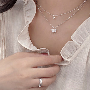 Korean Fashion Silver Shiny Women Butterfly Double Layer Chain Necklace