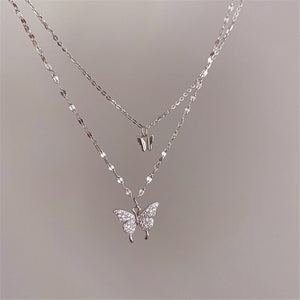 Korean Fashion Silver Shiny Women Butterfly Double Layer Chain Necklace