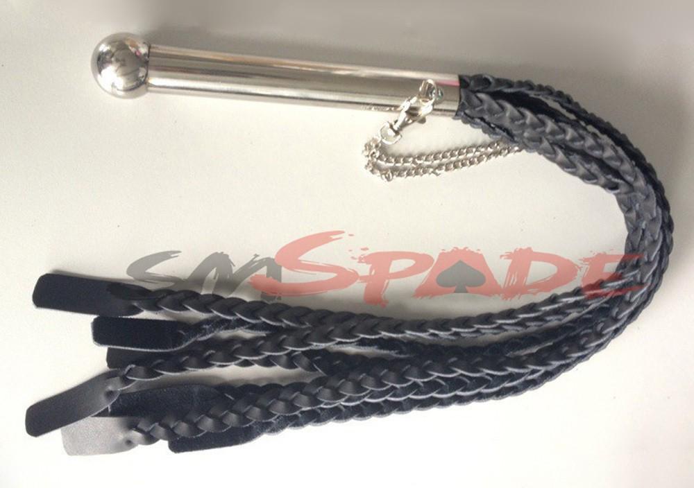 Braided Leather Flogger Metal Handle Impact Play Spanking Whip Bdsm