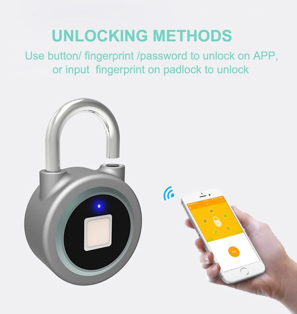 Fingerprint Smart Keyless Padlock App Button Password Unlock Anti Theft Lock