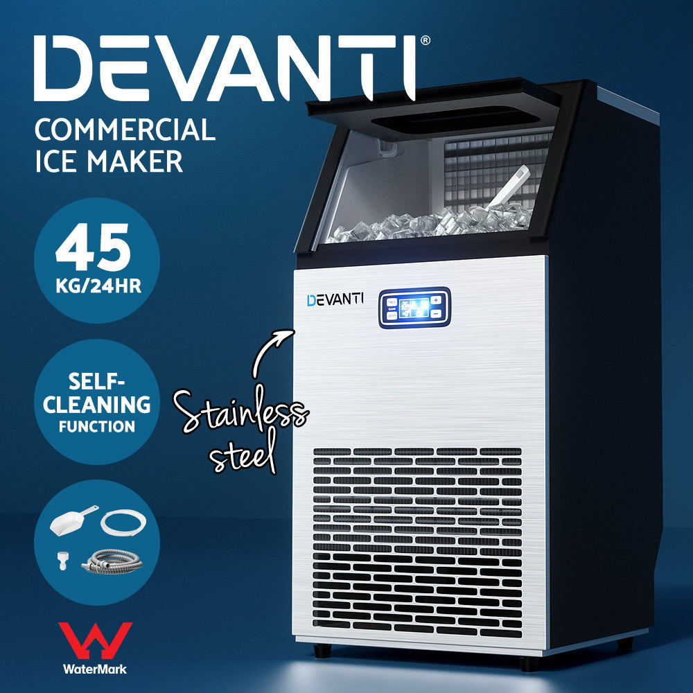 Devanti Commercial Ice Maker Machine 45Kg Cube Tray Bar Stainless Steel