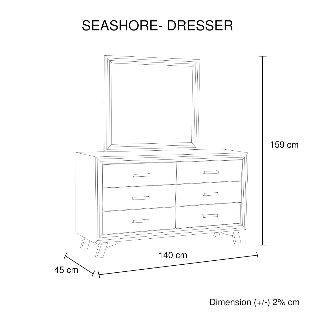 Dresser With 6 Storage Drawers In Solid Acacia Mirror Silver Brush Colour