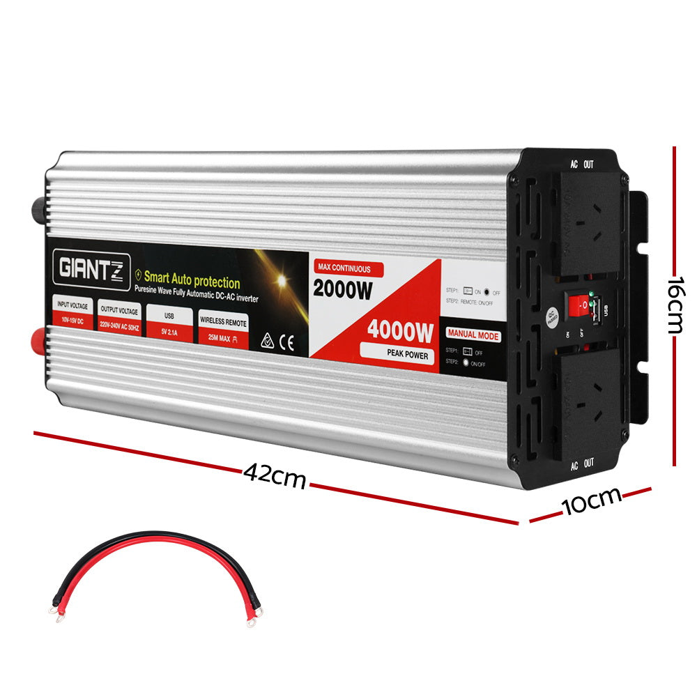 Giantz Power Inverter 2000W Or 4000W Pure Sine Wave 12V-240V Camping Boat Caravan