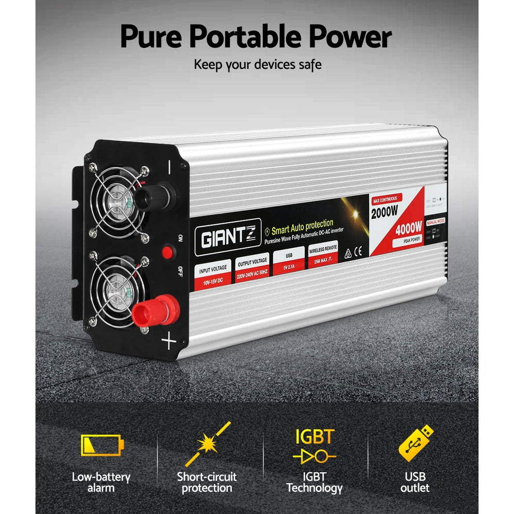 Giantz Power Inverter 2000W Or 4000W Pure Sine Wave 12V-240V Camping Boat Caravan