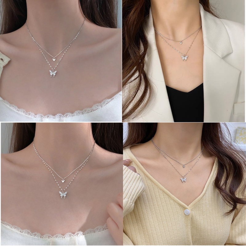 Korean Fashion Silver Shiny Women Butterfly Double Layer Chain Necklace