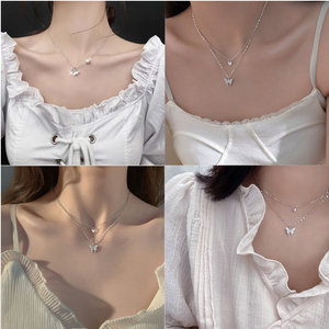 Korean Fashion Silver Shiny Women Butterfly Double Layer Chain Necklace