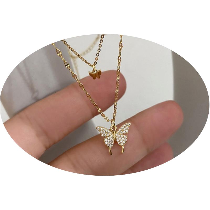 Korean Fashion Silver Shiny Women Butterfly Double Layer Chain Necklace