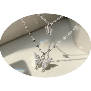 Korean Fashion Silver Shiny Women Butterfly Double Layer Chain Necklace