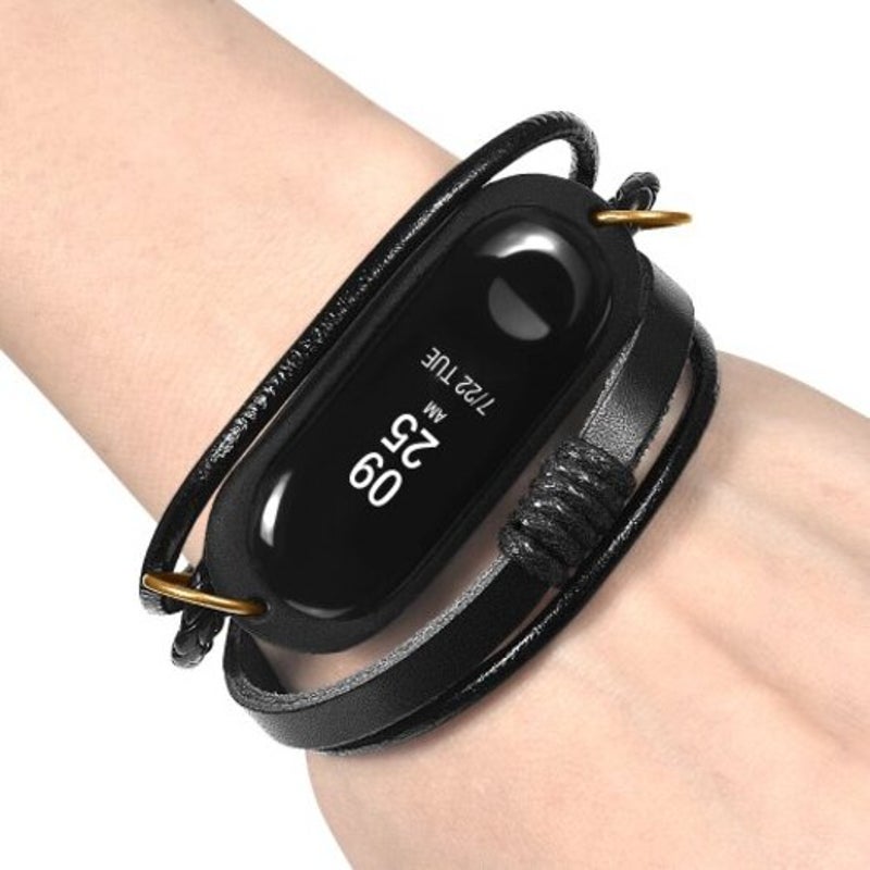 Leather Bracelet Watch Strap For Xiaomi Mi Band 3 Black