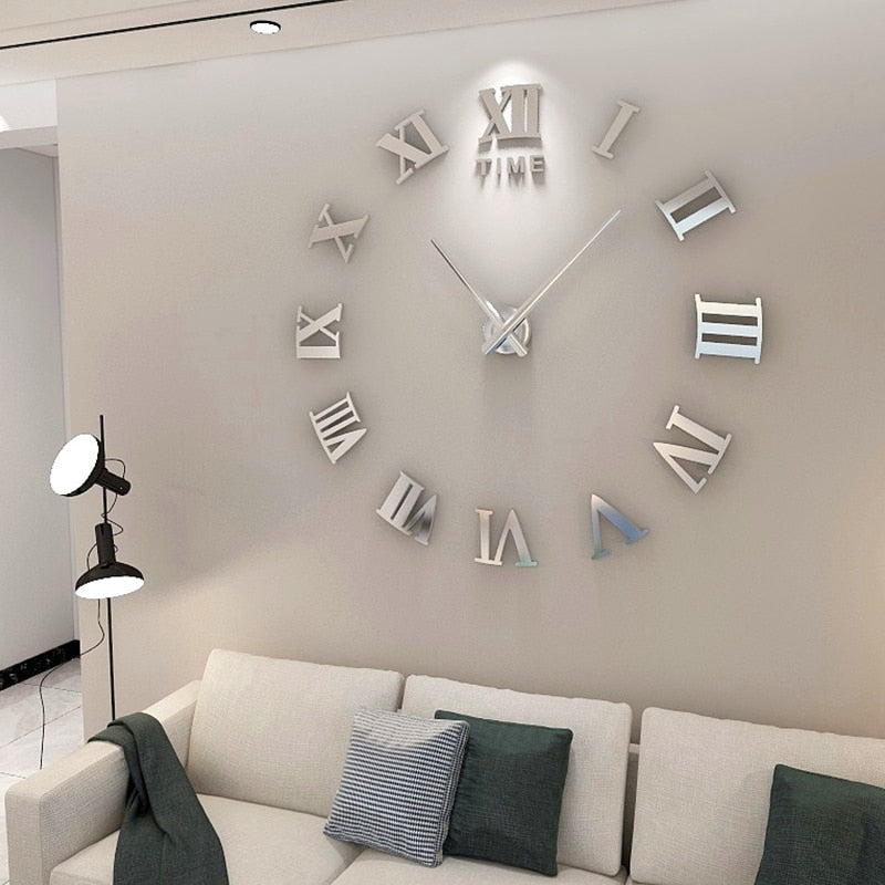 Wall Clock Silver Design 47 Inch 3D Diy Mirror Acrylic Sticker Quartz