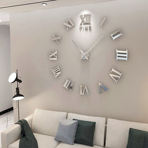 Wall Clock Silver Design 47 Inch 3D Diy Mirror Acrylic Sticker Quartz