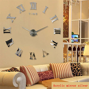 Wall Clock Silver Design 47 Inch 3D Diy Mirror Acrylic Sticker