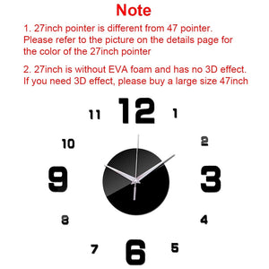 Wall Clock Black Design 47 Inch 3D Diy Mirror Acrylic Sticker Quartz