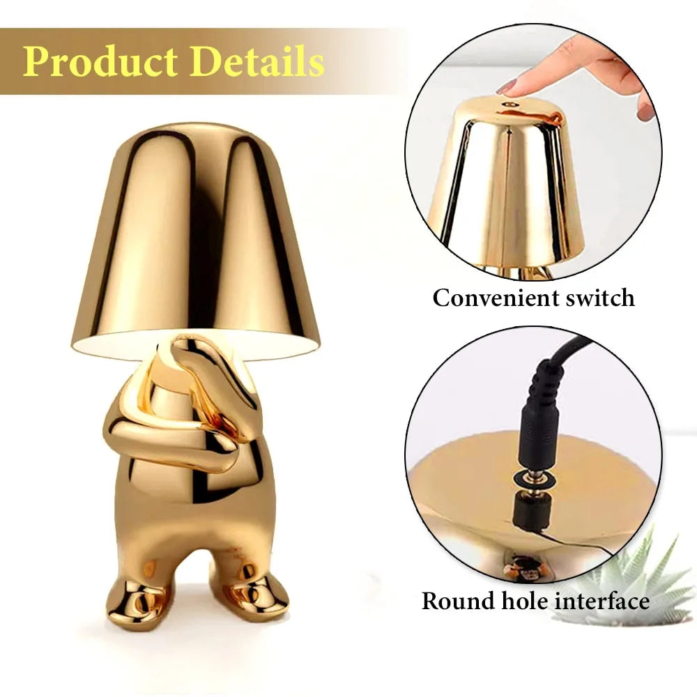 Rechargeable Gold Little Man Thinking Position Table Lamp Touch Switch Led Night Light