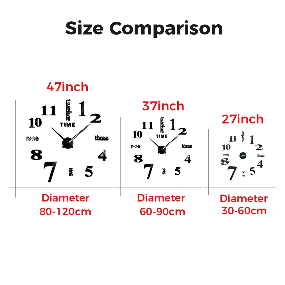 Wall Clock Black Design 47 Inch 3D Diy Mirror Acrylic Sticker Quartz Watch