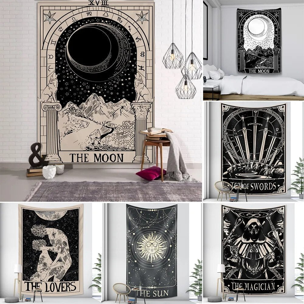 Tapestry Beige The Moon 230X180 Cm Tarot Card Psychedelic Scene Art Decoration