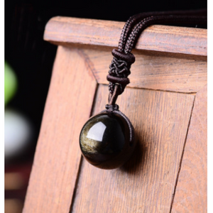 Lucky Black Gold Natural Obsidian Stone Pendant Necklace