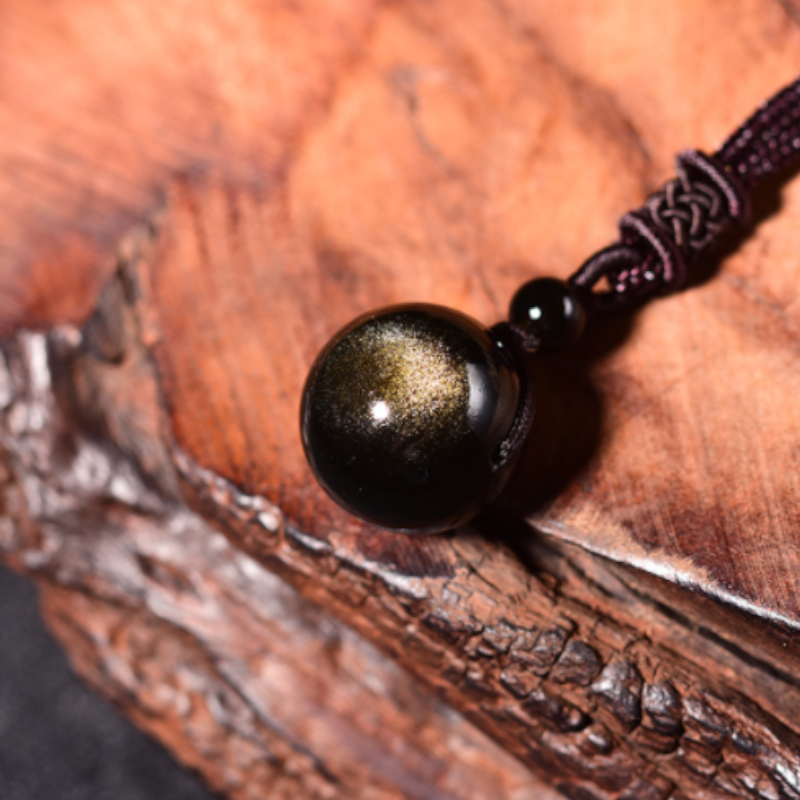 Lucky Black Gold Natural Obsidian Stone Pendant Necklace