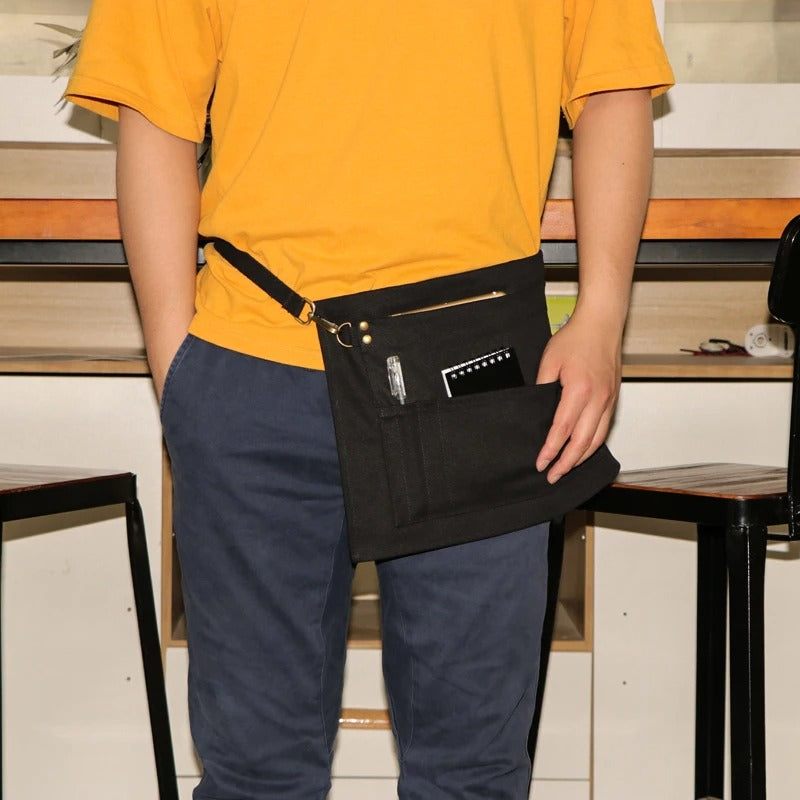 Black Half Length Long Waist Apron With Pockets For Kitchen Dining Bar Use