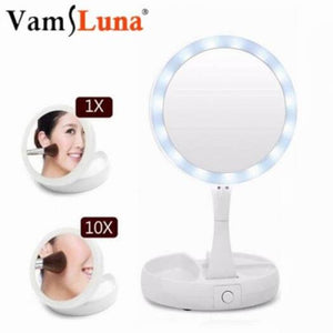 Makeup Mirror Portable Led Lighted Foldable Up Pocket Magnifying Mirrors Table Lamp