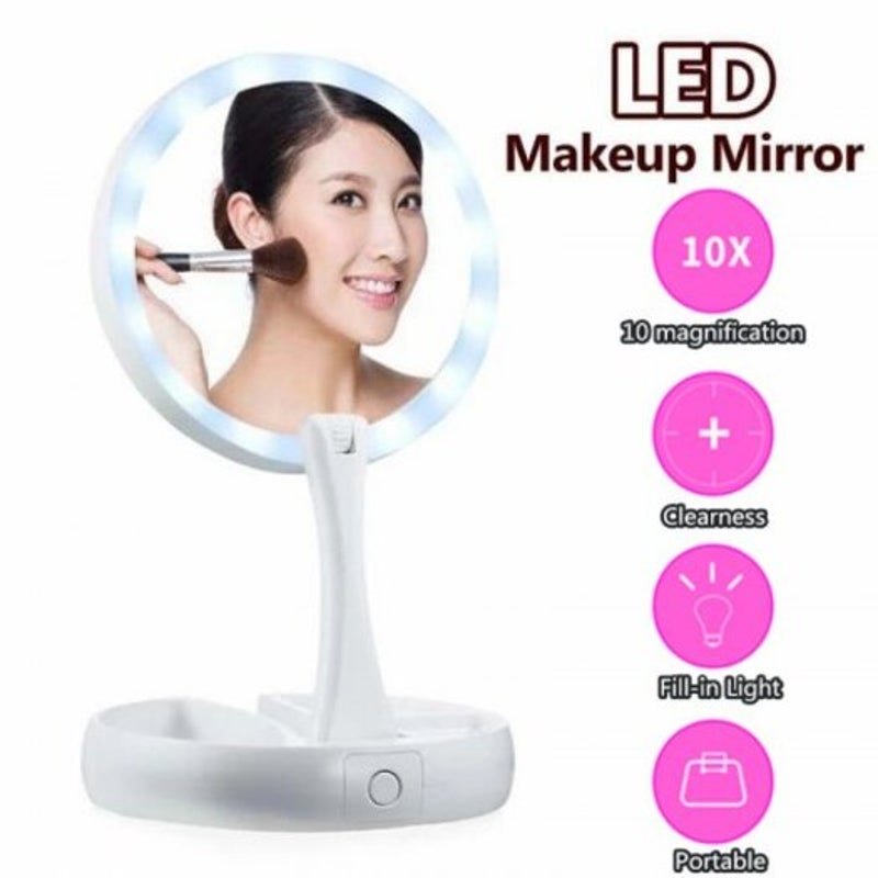 Makeup Mirror Portable Led Lighted Foldable Up Pocket Magnifying Mirrors Table Lamp