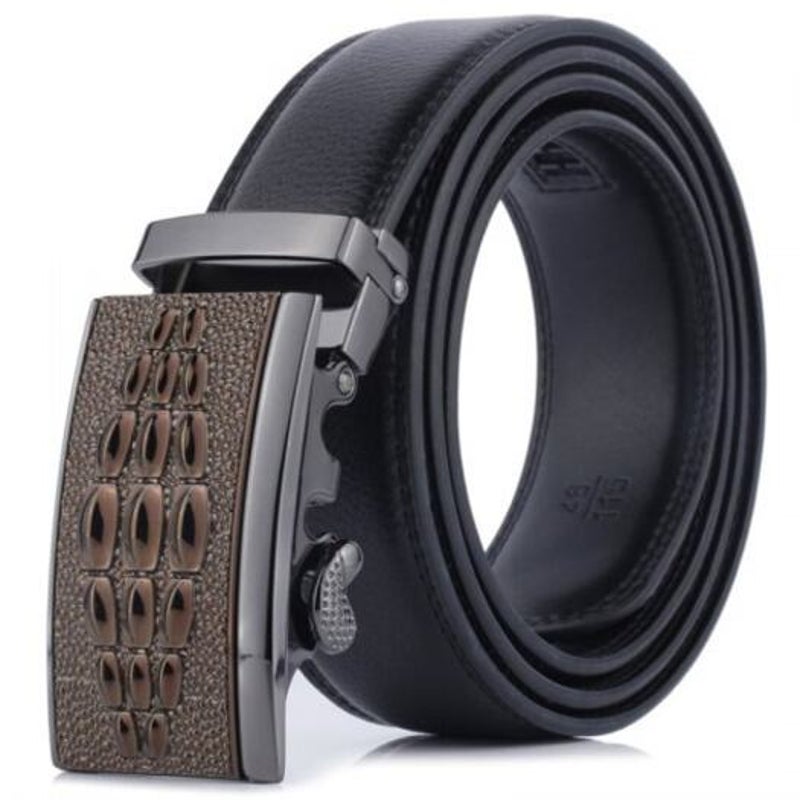 Men's Fashion Automatic Buckle Genuine Leather Belt Business Simple Waistband Black