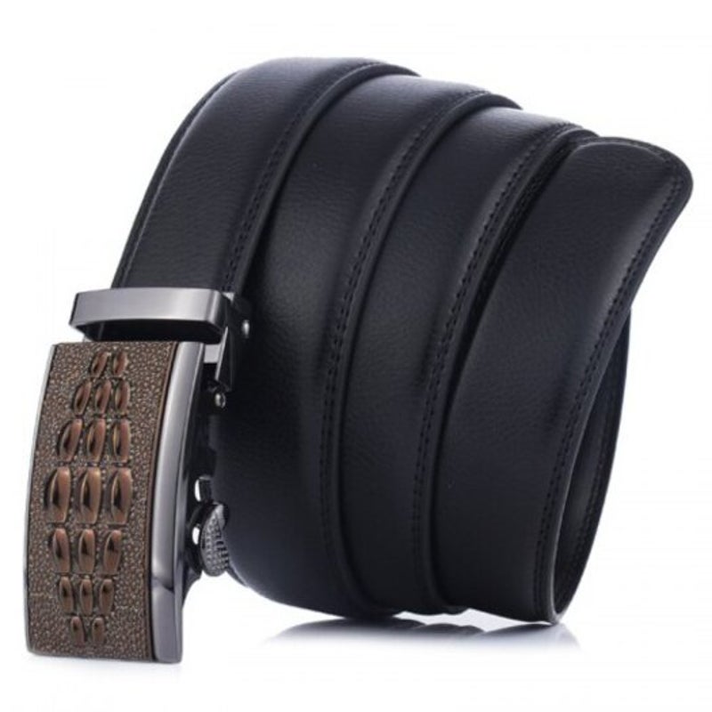 Men's Fashion Automatic Buckle Genuine Leather Belt Business Simple Waistband Black