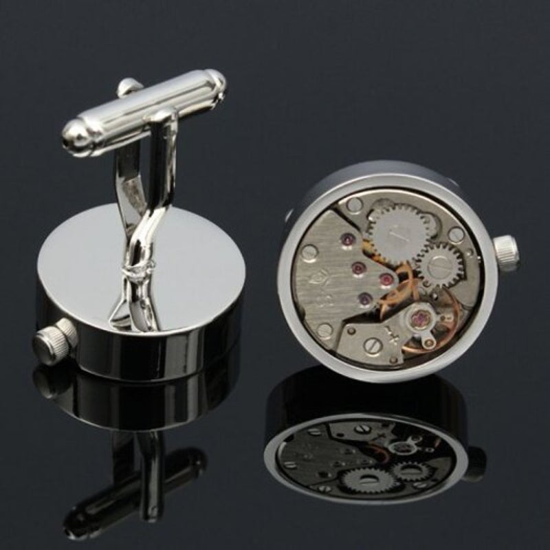 Veile Studios Men's Fashion Mechanical Watch Movement Cufflinks Silver