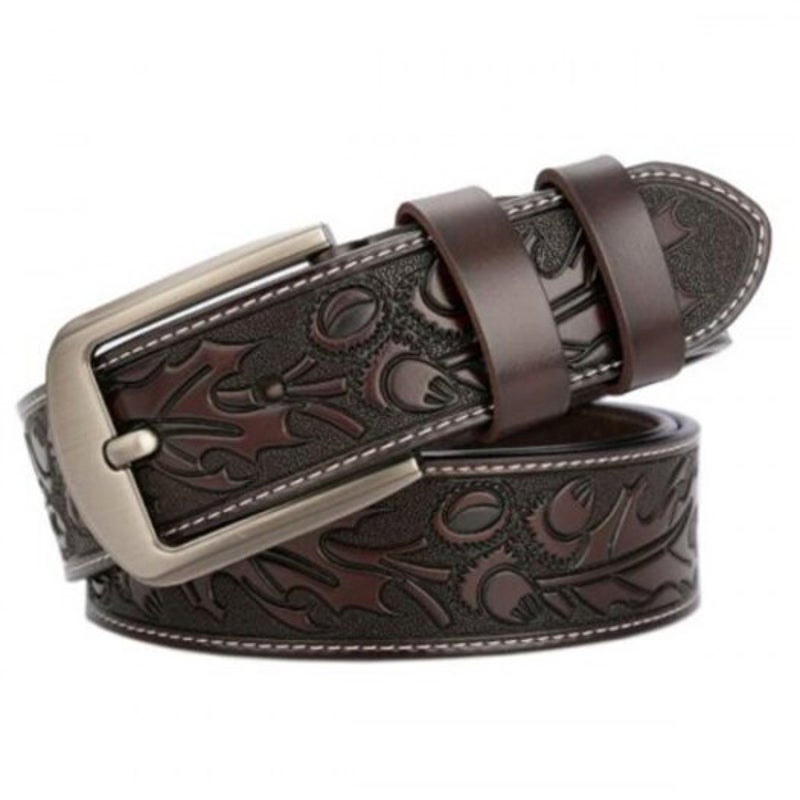 Men's Leaves Carved High End Genuine Leather Belt Fashion Personality Jeans Waistband Brown 115Cm