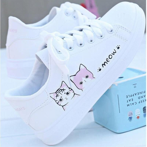 Meow Runners Women Sneakers Printed Cute Cat Canvas White Tennis Shoe