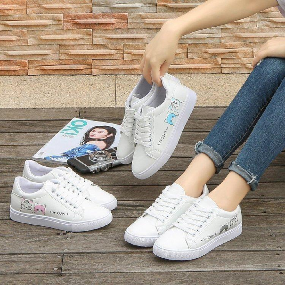 Meow Runners Women Sneakers Printed Cute Cat Canvas White Tennis Shoe