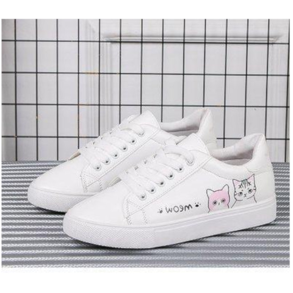 Meow Runners Women Sneakers Printed Cute Cat Canvas White Tennis Shoe