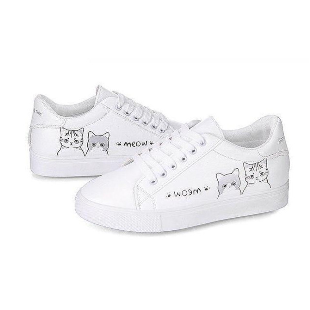 Meow Runners Women Sneakers Printed Cute Cat Canvas White Tennis Shoe