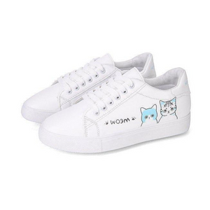 Meow Runners Women Sneakers Printed Cute Cat Canvas White Tennis Shoe