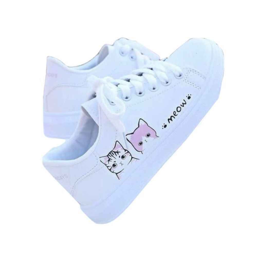 Meow Runners Women Sneakers Printed Cute Cat Canvas White Tennis Shoe